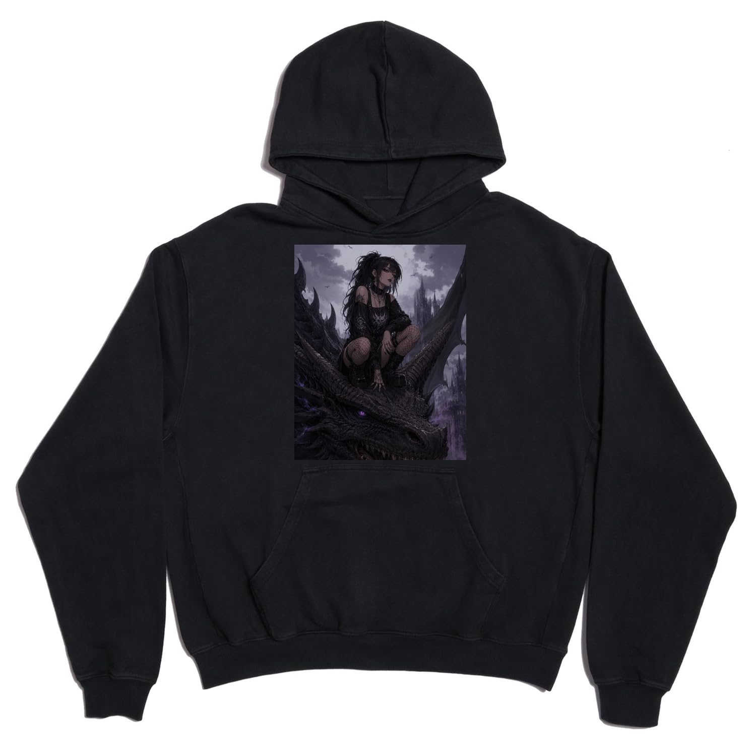 Dark Gothic Girl Riding Fierce Dragon unisex oversize ciężka mieszanka bawełny bluza z kapturem czarna