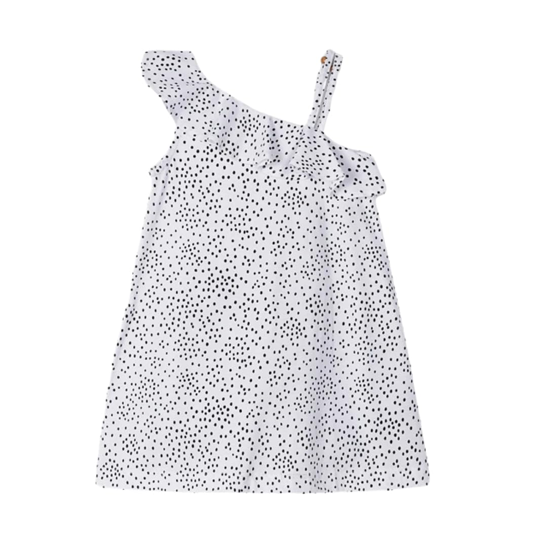 Generico Vestito Estivo Bambina 3-9 Anni con Spallina Singola – Abito Asimmetrico a Pois con Volant e Stampa Tropicale di Foglie e Personaggio su Fondo Bianco, 3935