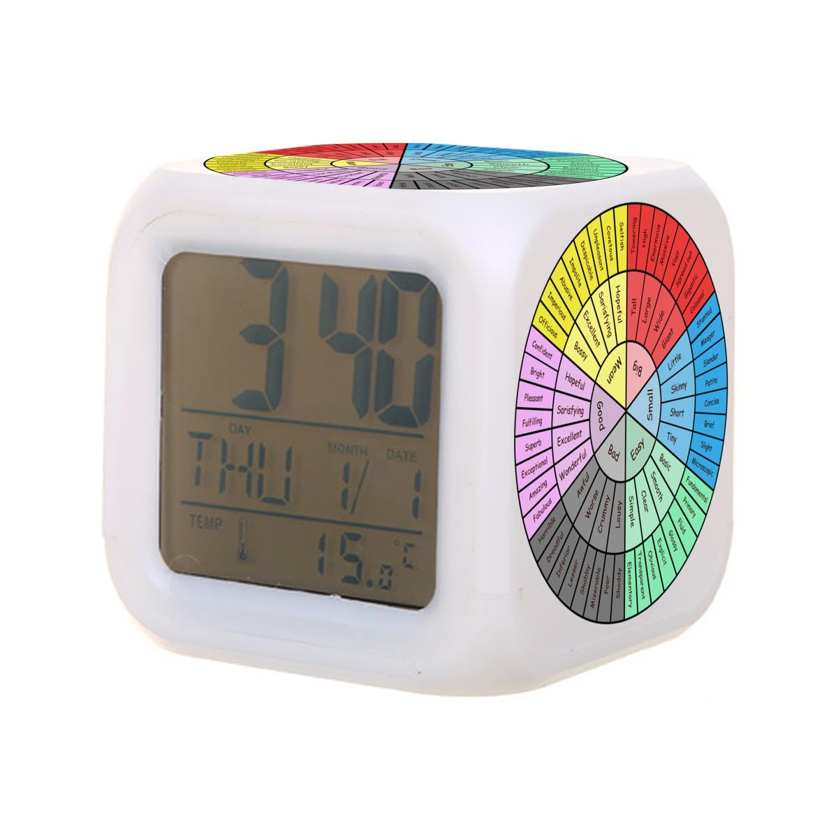 Wheel of Feelings and Emotions - Dbt & Cbt Gift for Counselor, Therapist and Parent classic Colorful Mood Alarm Clock for Bedroom LED Big Display Digital Clock Dimmable for Deep Sleepers Kids