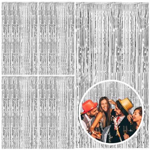 Image of 5 Pack Silver Backdrop Curtain Party Decorations Foil Fringe Backdrop Silver Tinsel Streamers Birthday Bachelorette New Year Christmas Wedding Baby Shower Disco Party Decorations