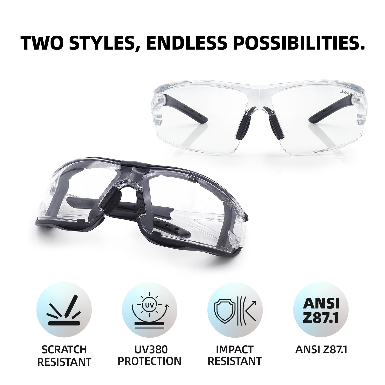 UKNOW Gafas de seguridad fotocromáticas, lentes de transición resistentes a los arañazos, junta de espuma extraíble, gafas protectoras ANSI Z87.1