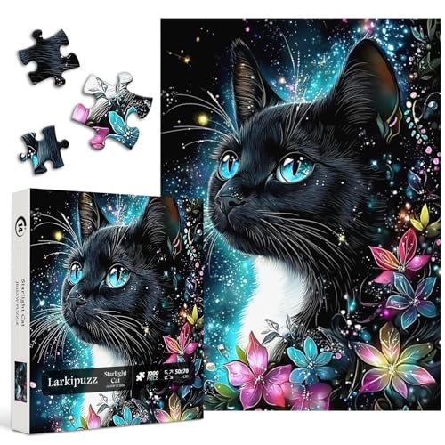 Rompecabezas de Gato para Adultos 1000 Piezas, Larkipuzz Rompecabezas Difícil de Gatito con Tema Floral y Animal de Arte como Decoración de Pared miniatura 1