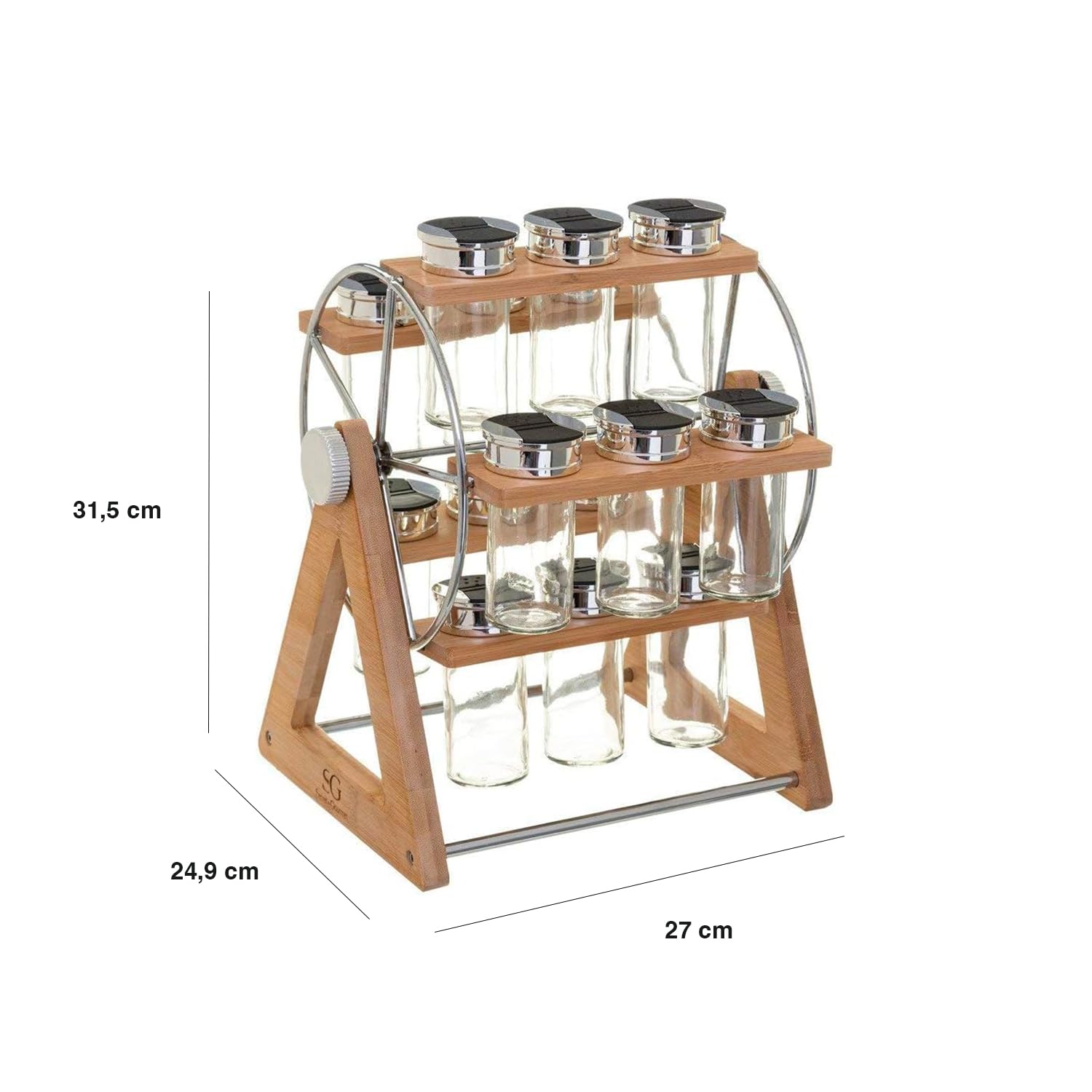 Avilia Set di 15 Barattoli per Spezie con Orgnizer - Portaspezie con Supporto Girevole, in Vetro e Bambù, 27x24.9x31.5cm