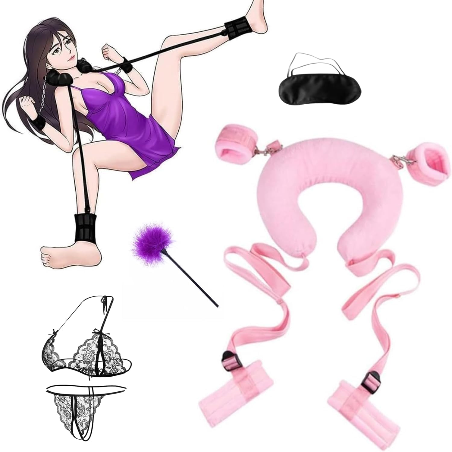 Bed Bondage Restraints Kit for Couples Sex Wrist and Ankle Straps Adult Play Queen Size Bed Bondaged Rope Cord & Rope Leg Spreader Bar for Bedroom Soft Handcuff Toys Women Bondaged Kit Sweater F46