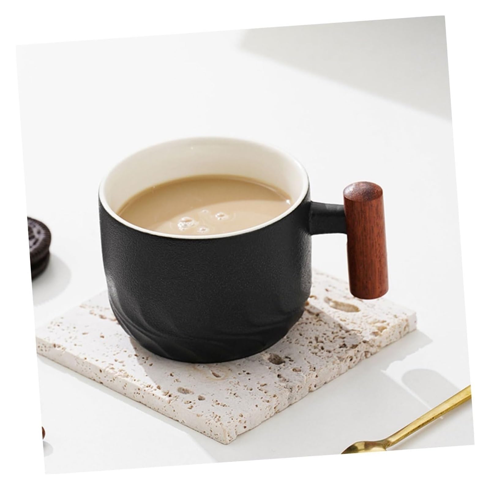 Taza de café, taza de té para oficina y hogar, 1 juego de taza de porcelana, taza de madera, taza de bebidas de cerámica, taza de café, taza de desayuno grande, taza de capuchino, mango de madera de