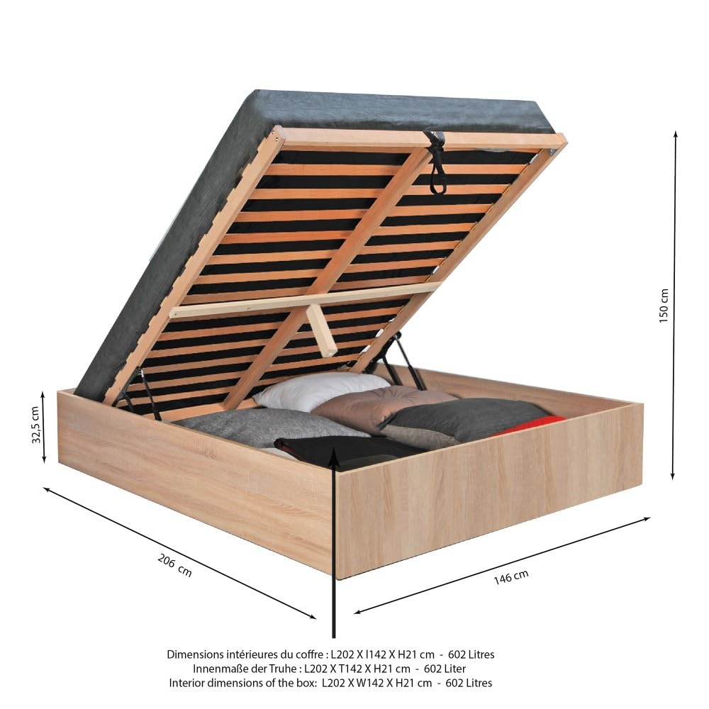 WEBER INDUSTRIES Lit Coffre Bilbao 140x200 cm + sommier/Décor chêne Blanchi