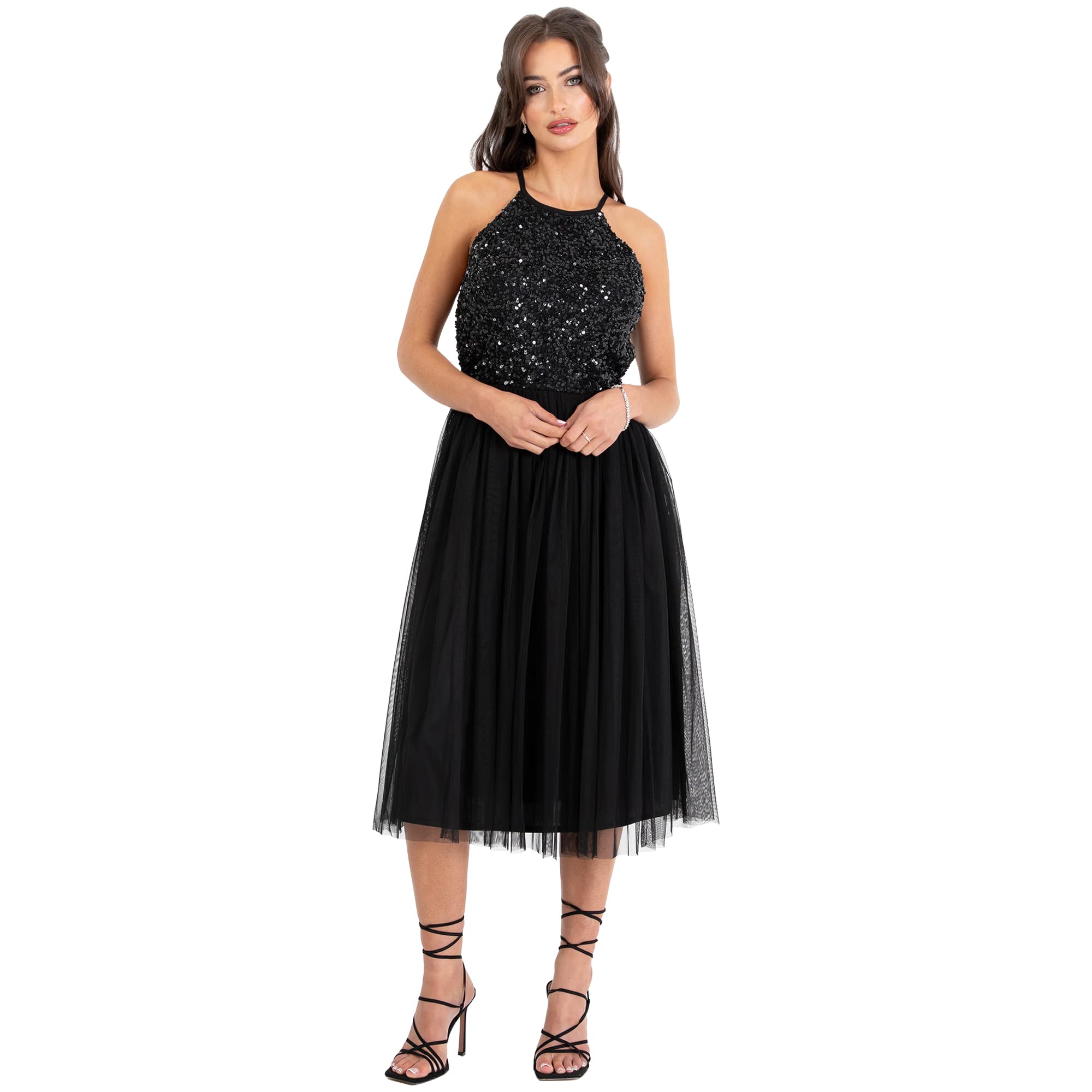Maya Deluxe Damen Maya Deluxe Damen Embellished Halter Neck Midi Bridesmaid Dress Bridesmaid Dress (1er Pack)
