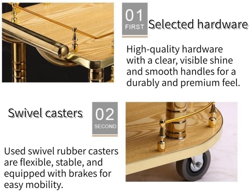 Gold 3 Tier Bar Cart, Restaurant Utility Cart on Wheels, Commercial Portable Storage Cart, Multifunctional Home Kitchen Trolley, Rolling Serving Cart for Hotel, Club(Red)