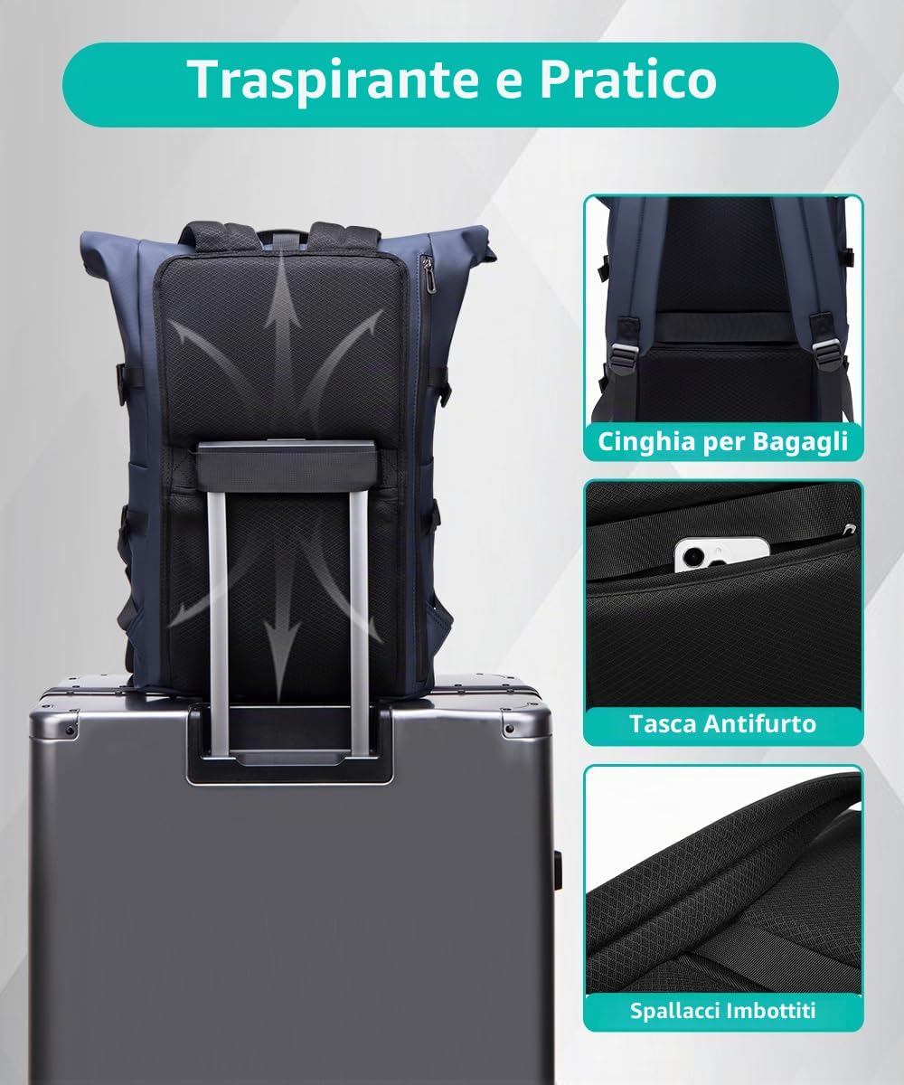 Zaino Rolltop da Viaggio 15.6 Pollici Porta PC Impermeabile Lavoro Uomo Università per Viaggio Escursionismo Campeggio Università-Blu