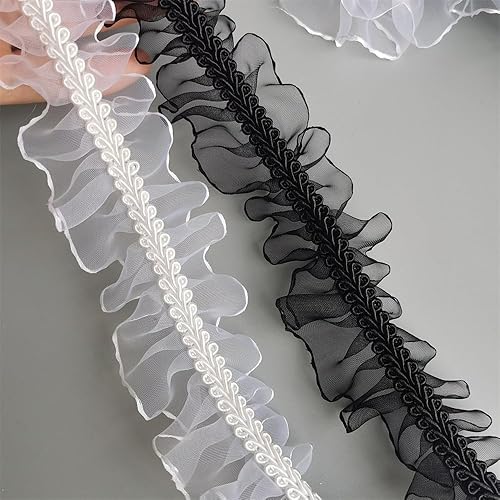 Miniatura 5 de 5 yardas de nailon negro y blanco para tejer doble plisado de organza de encaje con volantes, cinta de gasa hecha a mano, costura artesanal, vestido