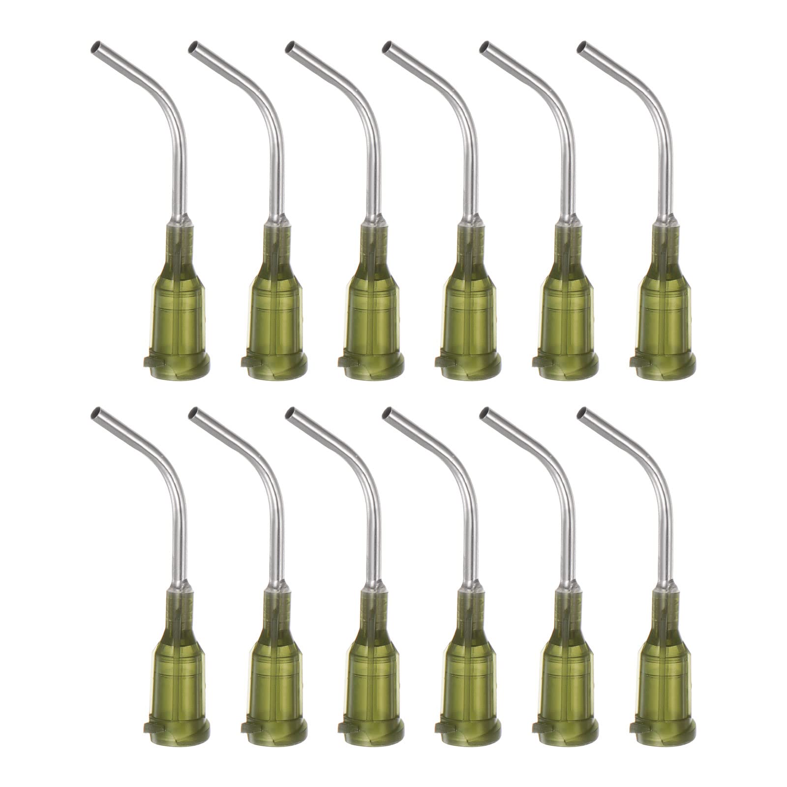 HARFINGTON 12pcs Blunt Tip Dispensing Needles, 14 Gauge 45 Degrees Bent Dispensing Tips 1" End Angled Dispenser Needle with Luer Elbow Blunt Needle for Oil or Glue Applicator, Olive