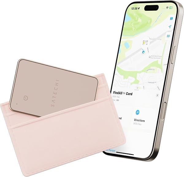 SATECHI FindAll™ karta lokalizacyjna do portfela z Find My, pustynny róż | Alternatywa dla lokalizatora GPS, ładowanie bezprzewodowe, powiadomienie o pozostawieniu i głośny sygnał