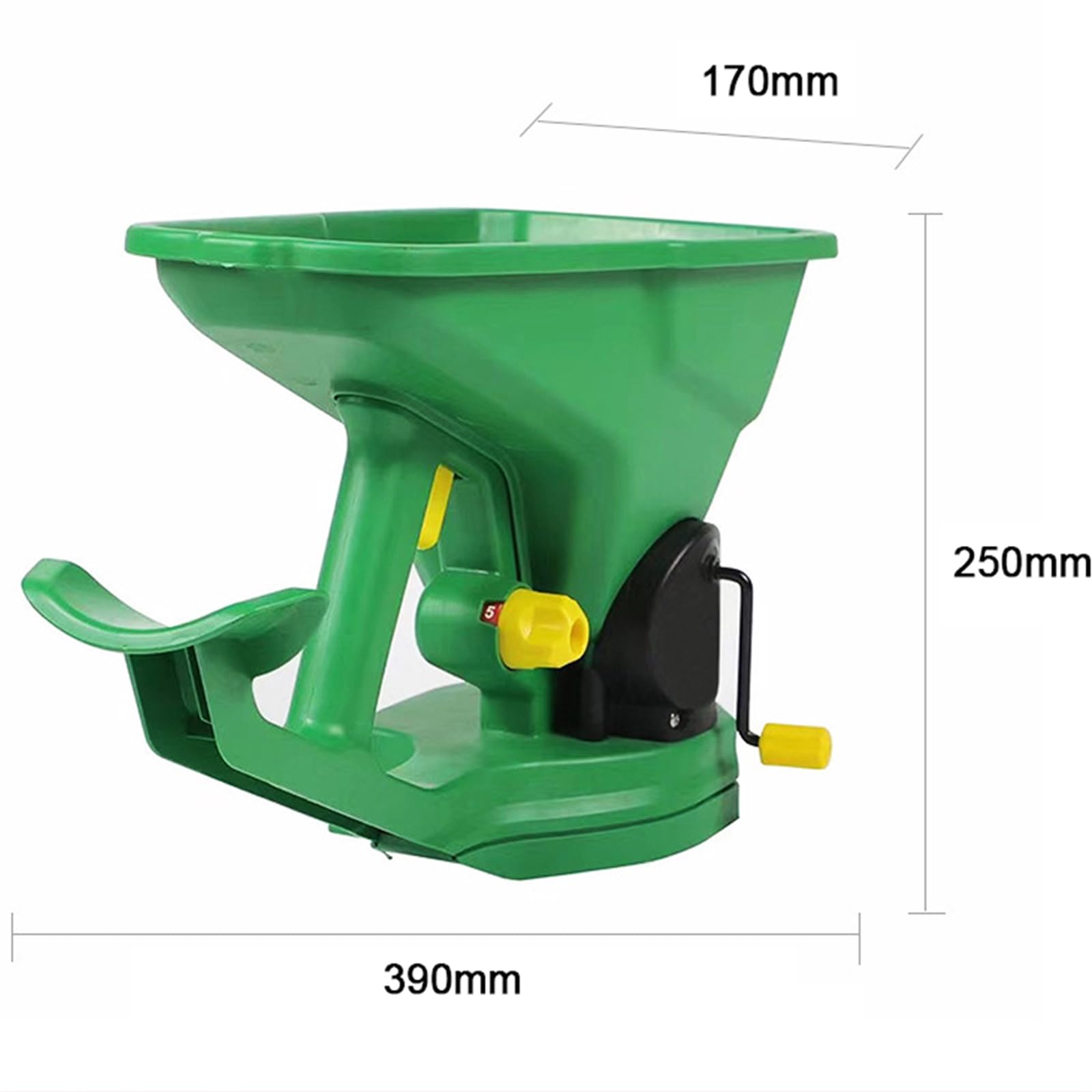 Esparcidor de semillas de mano, sembradora manual de 1,5 L con manivela, válvula ajustable de 5 niveles, ligero y portátil para césped, jardín, fertilizante y derretimiento de nieve