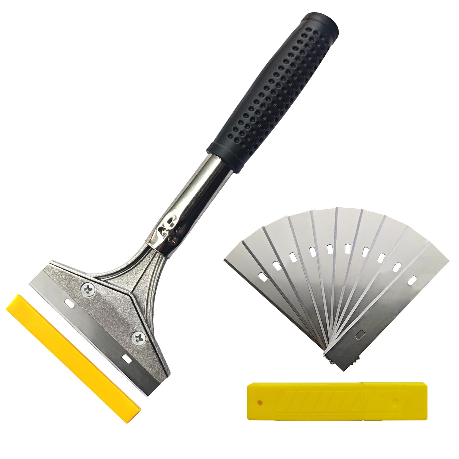 Wallpaper Scraper Blades, Long Handle Wall Paper Scraper Tool, 4 Inch Heavy Duty Scraper with 10 pcs Extra Blades for Window, Glass, Floor, Wall, Paint,Caulk, Labels, Adhesive, Sticker (9.4 INCH)