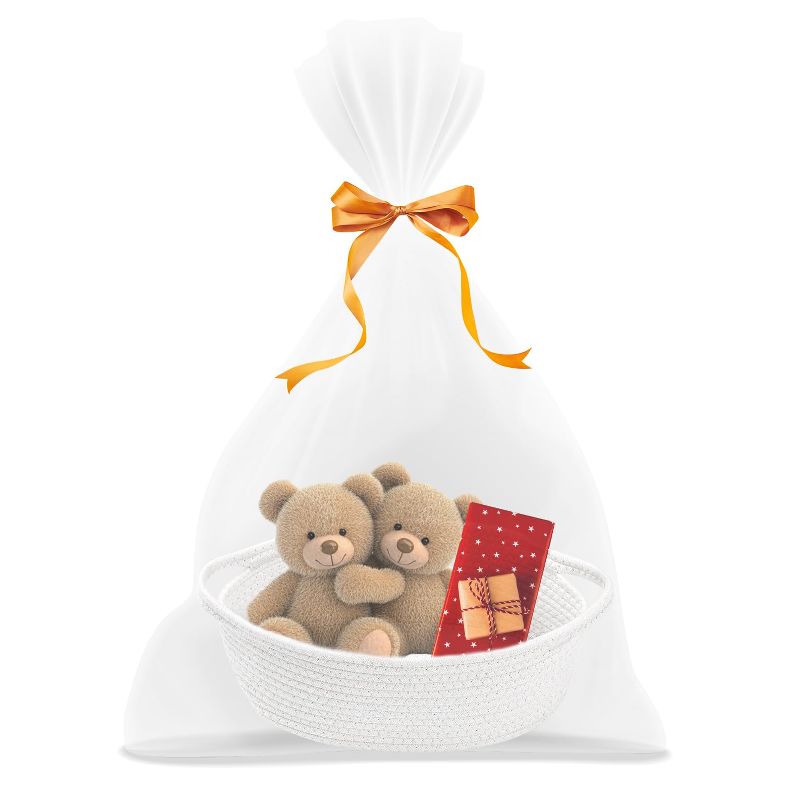 FRUHLING Präsentkorb Leer Geflochtener Korb Geschenkkorb mit Cellophantüten und Schleife Aufbewahrungskorb Baumwollseil Geflochten für Babyparty Geburtstag Hochzeit Festival (Weiß)