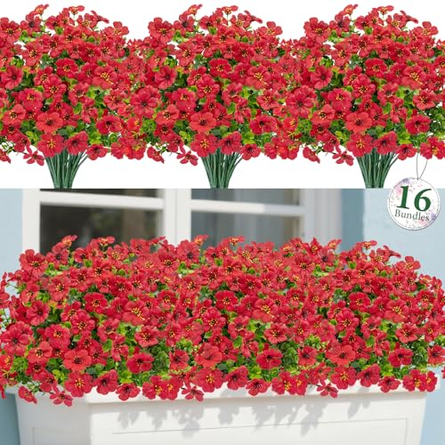 Image of Bassion 16 Bundles Artificial Flowers for Outdoors Fake Flowers, Red | UV resistant, silk flowers, realistic faux plants for outdoor planter, window box porch patio garden home outside decor