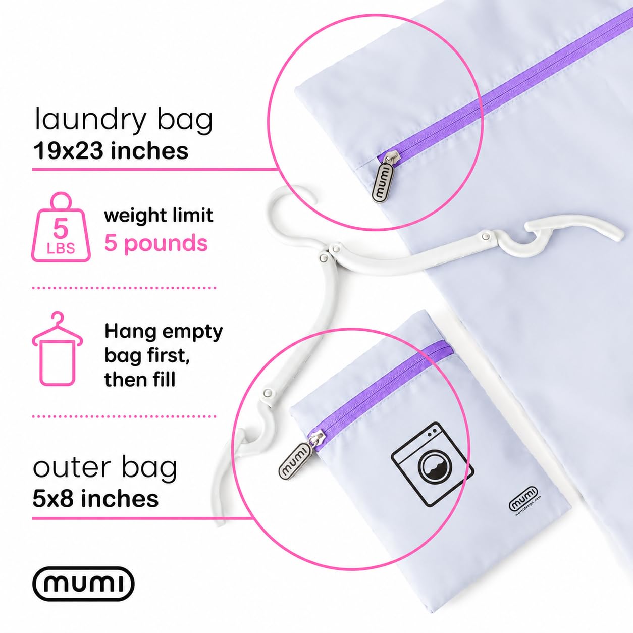 Mumi Bolsa de lavandería de Viaje | Mantiene la Ropa separada de la Ropa Limpia | Resistente a la Humedad y el Olor | Incluye Percha Plegable y Bolsa de Mantequilla