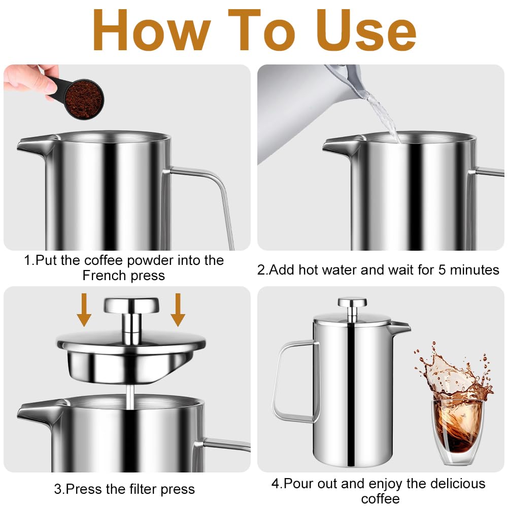 HOTUT French Press, 350ml Caffettiera Francese in Acciaio Inox, Caffettiera Pistone Filtro con 2 Fltri e Cucchiaio, Funzione Termica, Americano Macchina per Caffè o Tè, per 3 Tazze