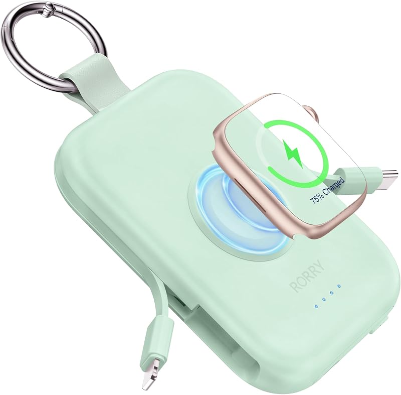 RORRY Power Bank, batteria esterna da 5000 mAh con cavo integrato, per iPhone 17/16/15/14/13/12, Apple Watch Ultra/11/10/9/8/7/6/SE, verde