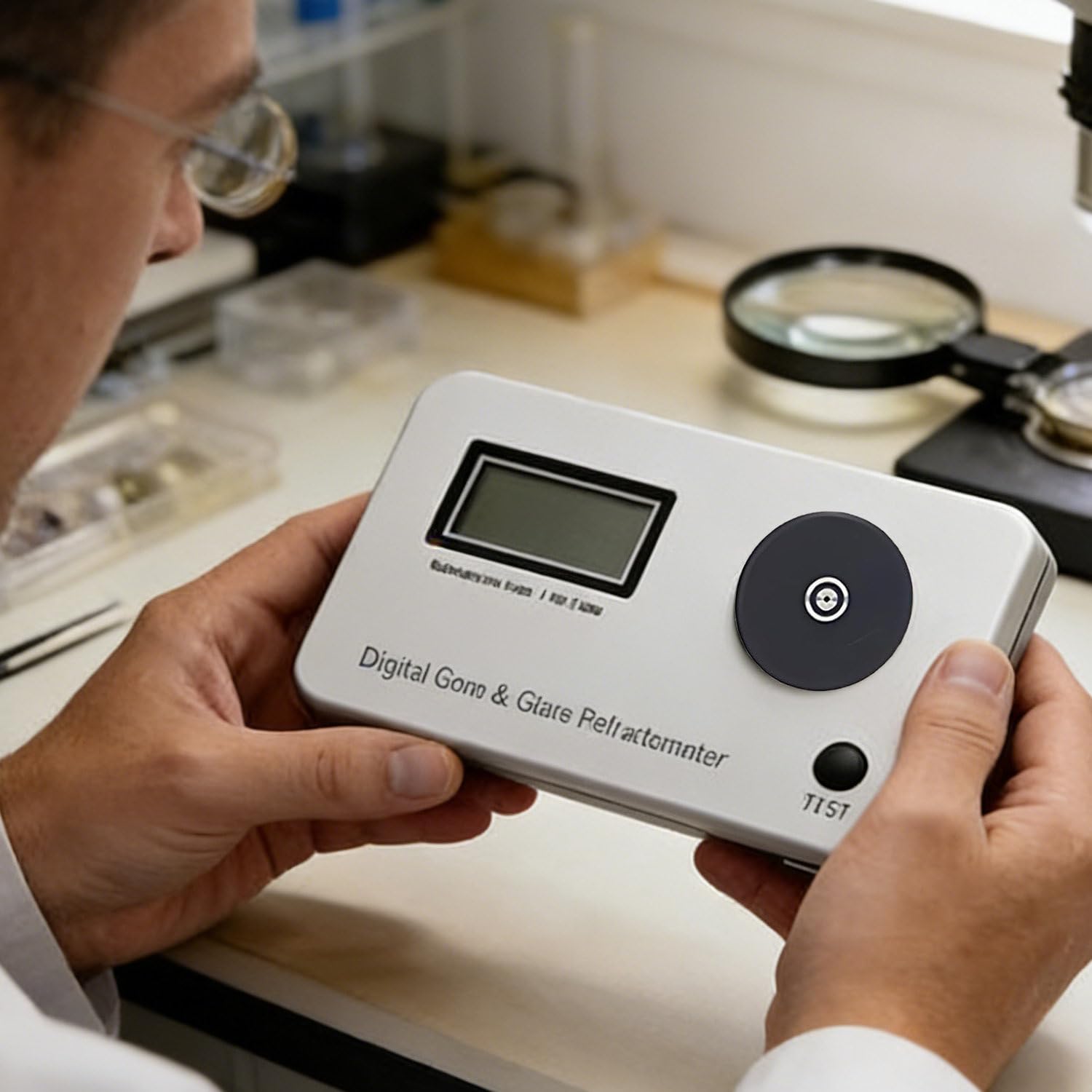 CelyToe Digital Refractometer for Gemstone, High Accuracy Jewelry Identification Meter with Aluminum Alloy Work Surface, ABS Insulated Switch for All Kinds of Stones