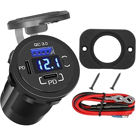 12V USB Outlet, 58W 3 Port USB and USB C 12V Outlet for Fast Charging with LED Voltmeter and Button Switch, in Your Car or RV Compatible with All USB Devices, Compact Easy to Install