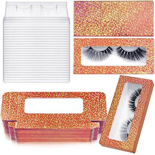 24 Pieces Glitter Empty False Eyelash Box Eyelash Packaging Box Plastic Lash Case Holder with 24 Clear Eyelash Tray and 24 Glitter Cardboard for Women Girls (Yellow)