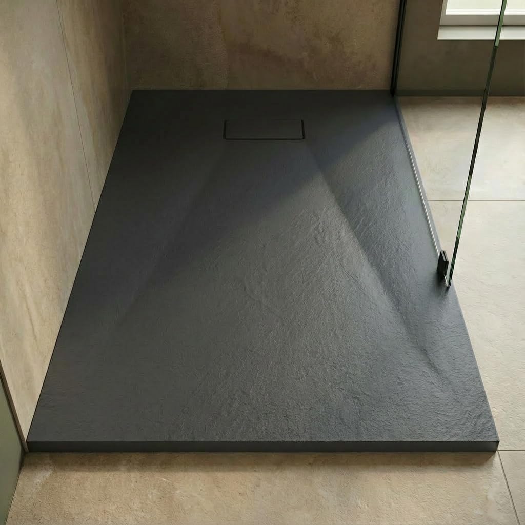 Essential 140x80 cm receveur de douche rectangulaire à poser SMC avec surface effet pierre. gris (CERAES14080DG)