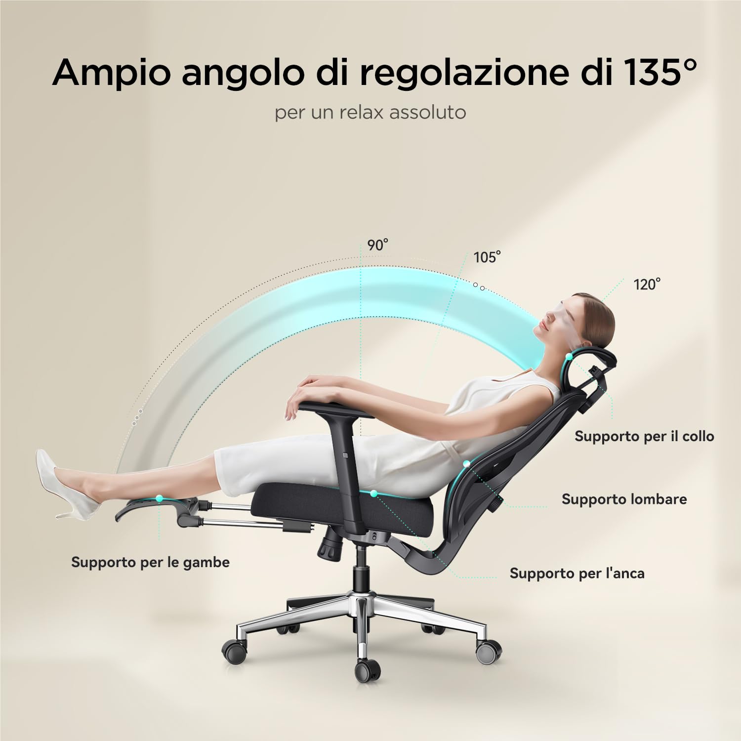 Hbada P5 Sedia da ufficio ergonomica con poggiatesta regolabile e supporto lombare, comodo cuscino a molla, supporto per sedia da computer, funzione inclinabile, sedia girevole in rete con poggiapiedi