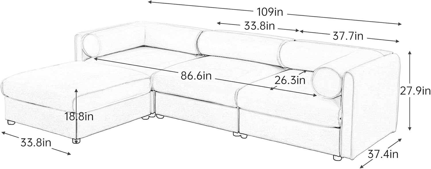 KEIKI 109" L-Shaped Modular Chenille Sectional Sofa with Storage Seat, 1 Ottoman, Modern Style 3-Seater Couch with Cylindrical Backrest and Armrests, Easy Assembly, for Apartment, Living Room, White