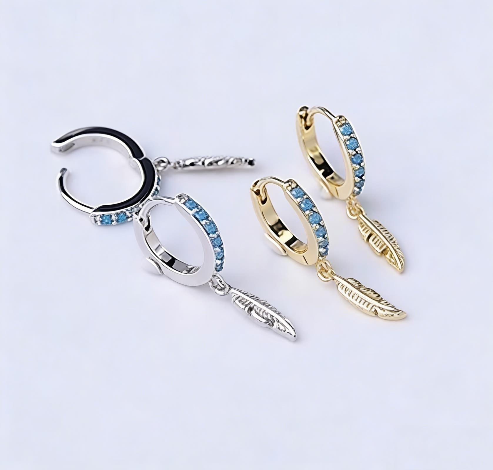 Pendientes de oro blanco de 9 K/14 K/18 K/PT950, joyas auténticas con turquesa redonda, pluma de aro