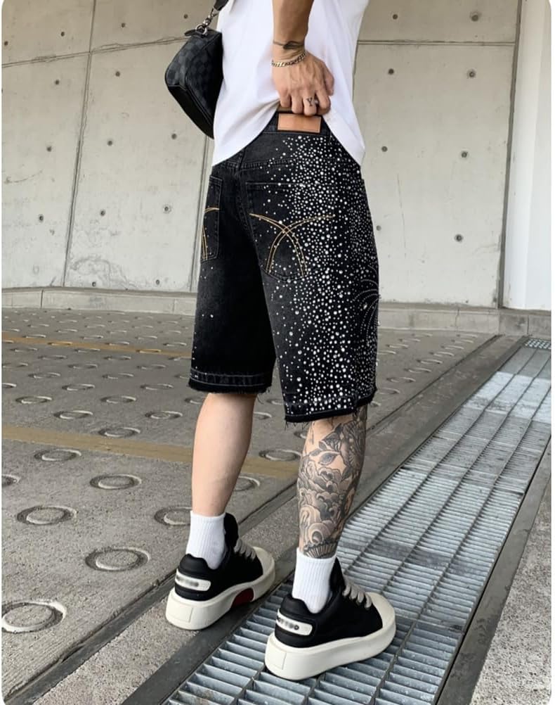 Men's Rhinestones Denim Shorts Summer Loose Straight Leg Jean Shorts with Pockets