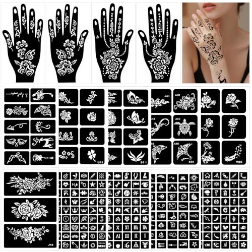 Henna Schablonen 247 Stück Temporäre Henna Tattoo Schablonen 14 Blätter Henna Tattoo Set für Frauen Mädchen Teens Face Paint Body Art
