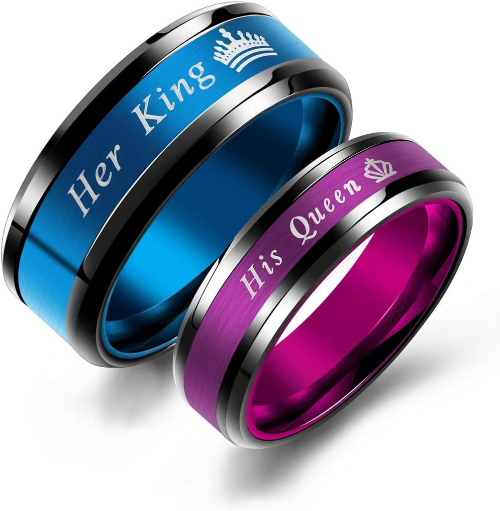 Set of 2 Matching King and Queen Couple Rings Set Wedding Engagement Band Stainless Steel Promise Rings