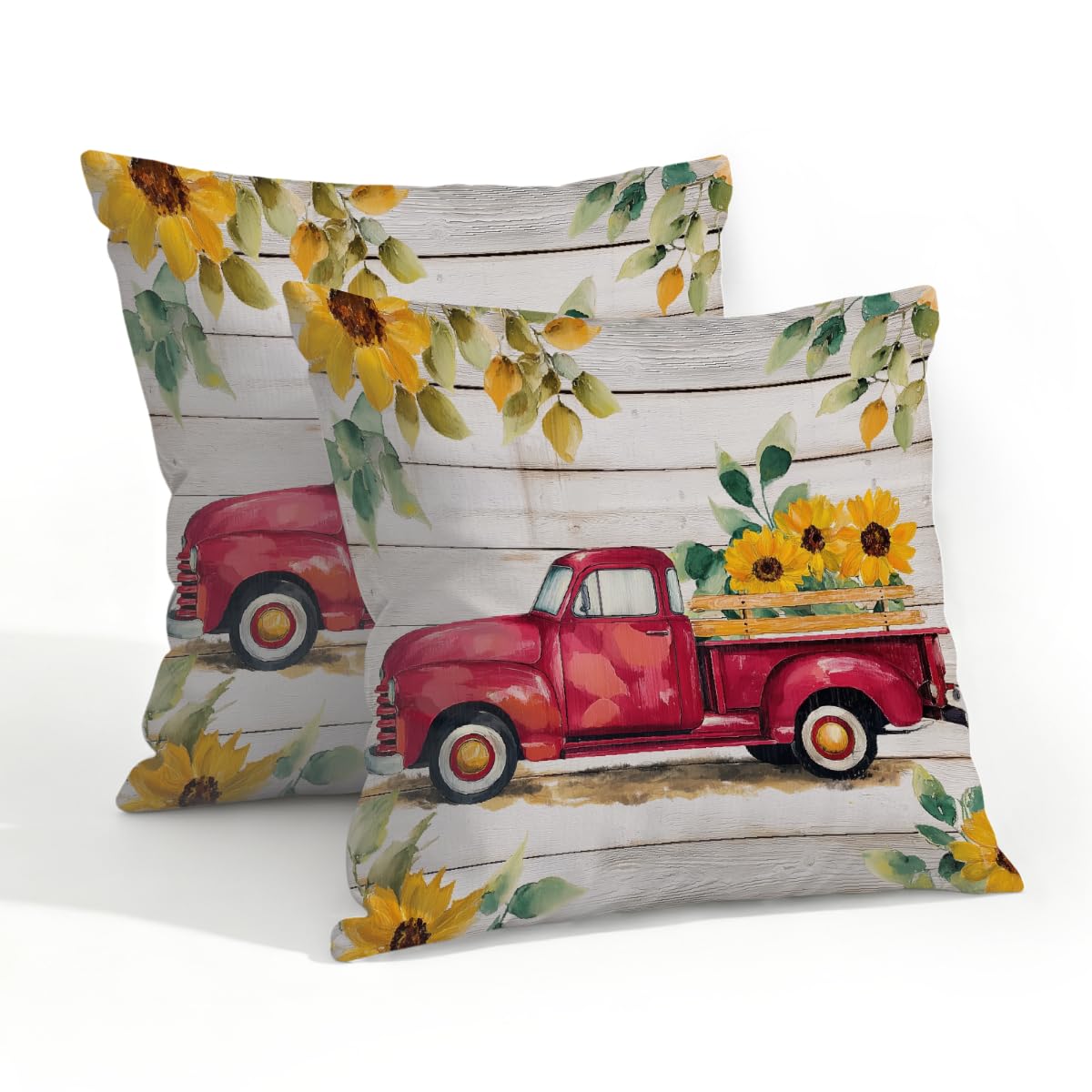 Outdoor Pillow Covers Waterproof Pillowcases 20x20in Set of 2 Farm Vintage Floral Truck On Wooden Decorative Throw Cushion Case for Couch Sofa Garden Patio Furniture
