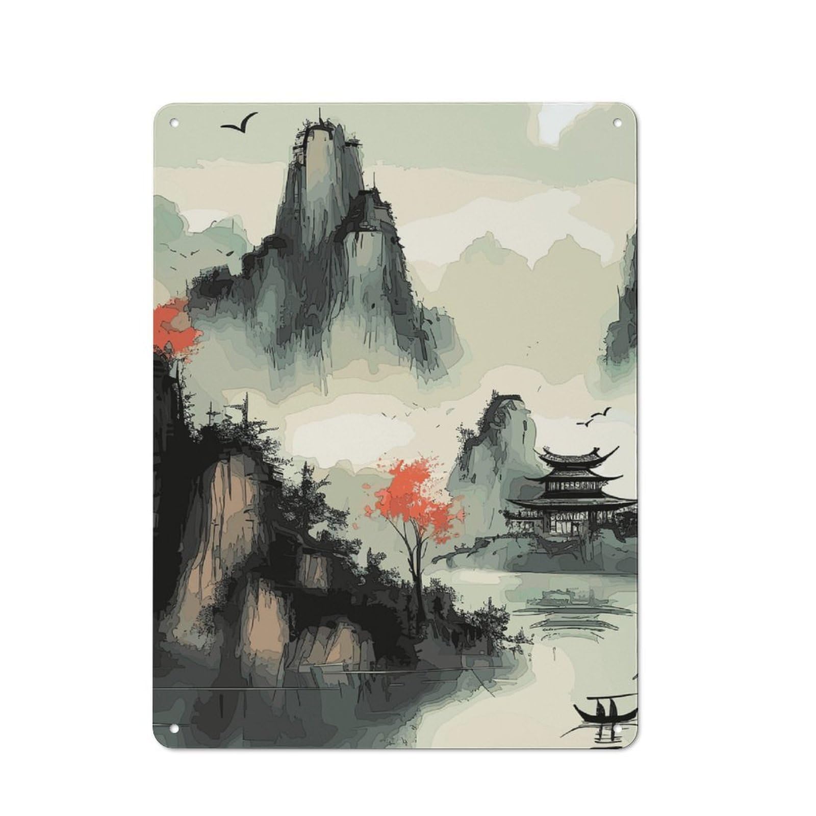 Tin Wall Plaque 40x30cm with Japanese Landscape for Hallway Wall, with Clear Retro Wall Decor Character