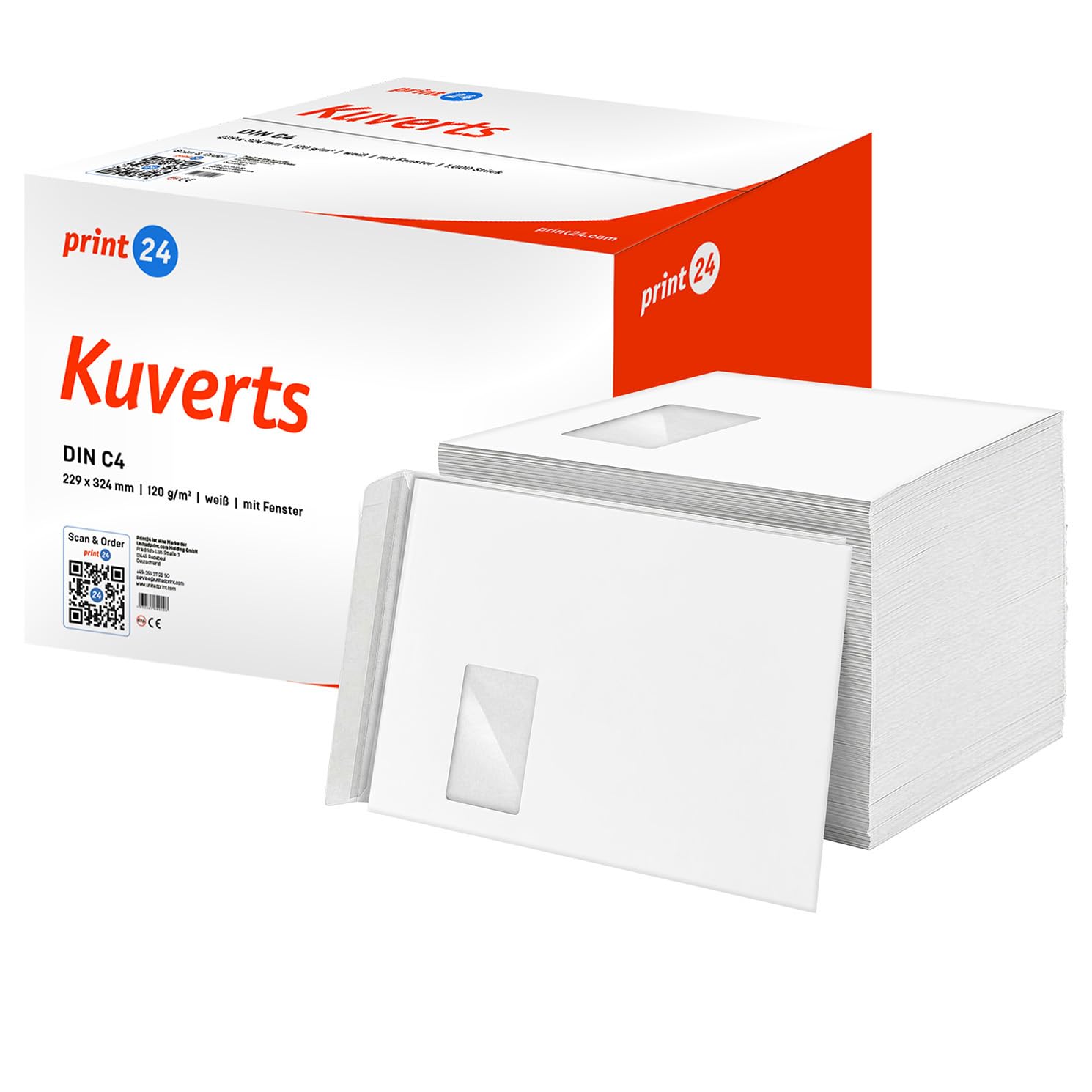 NEU: print24 Briefumschläge mit Fenster, DIN C4, unbedruckt, 1500 Stück