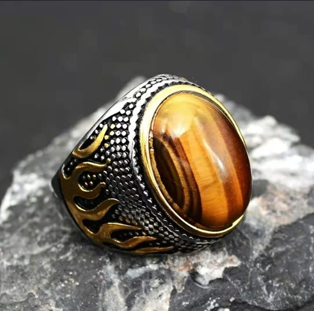 Tigerauge Herrenring, handgefertigt, Vintage-Stil, Edelstahl, geschnitztes Flammenmuster, ovales Edelstein-Emblem, Naturstein-Ring, personalisierter Motorrad-Schmuck