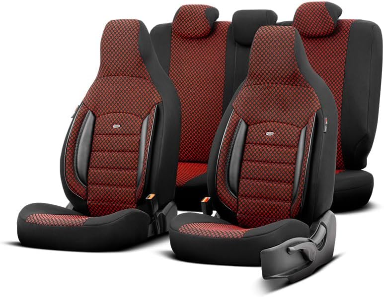 otoM Universal Fabric 'CityBug' Seat cover set 'Sport Plus' Black/Red - 9-pieces - compatible with Side-Airbags