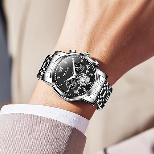 Miniatura 3 de OLEVS Reloj de esqueleto para hombre, de acero inoxidable, analógico, de cuarzo, fase lunar, reloj cronógrafo de diamantes con múltiples