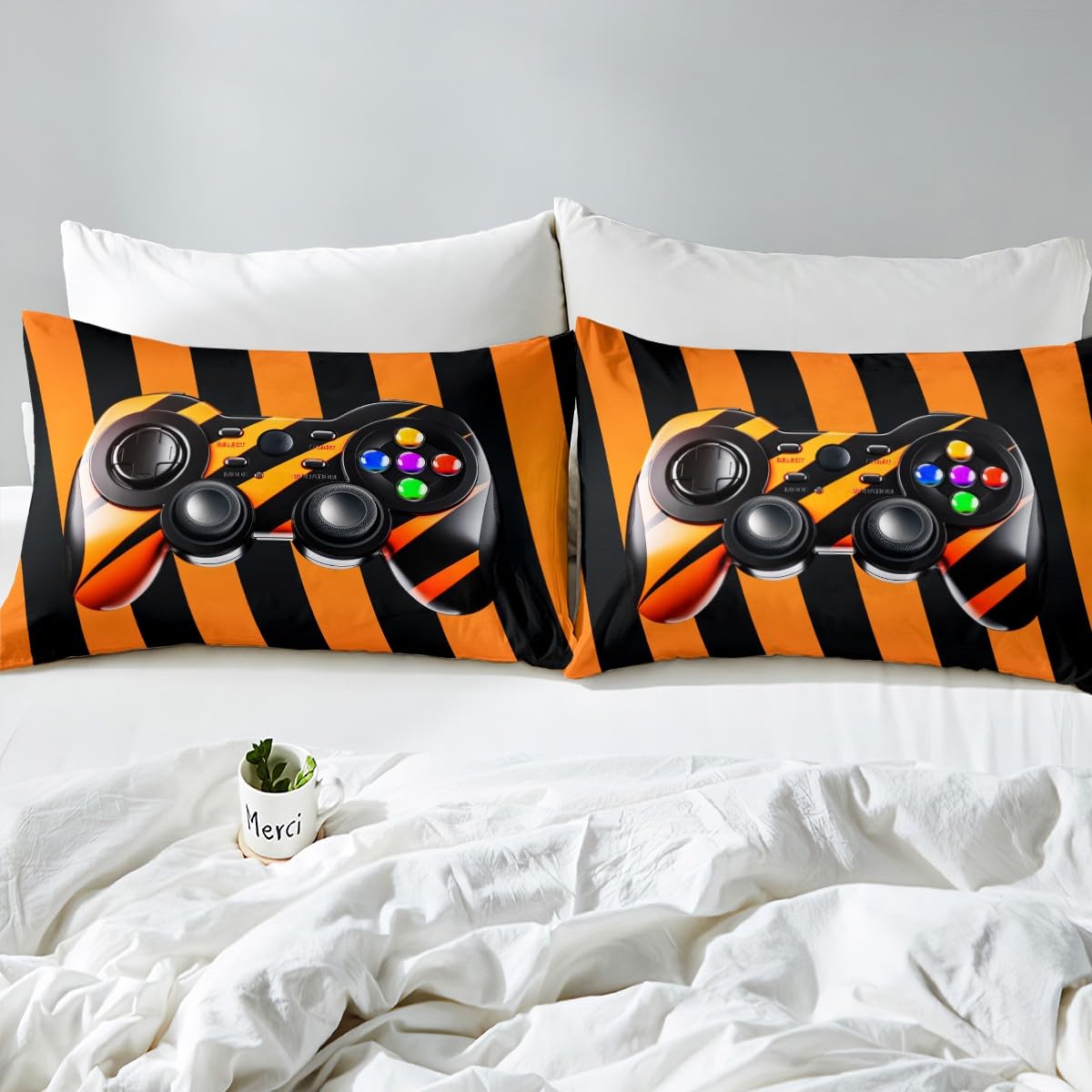 Juego de ropa de cama para niños y niñas, juego de ropa de cama para videojuegos, juego de palanca de mando para videojuegos, funda de edredón naranja con 2 fundas de almohada de 3 piezas, ropa de ca