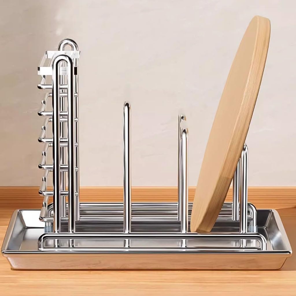 Support multifonctionnel pour ustensiles de cuisine avec égouttoir pour casseroles, couvercles, planches à découper, couteaux, baguettes, cuillères, fourchettes, couverts sur le plan de travail de