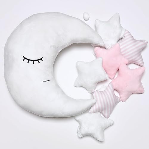 Perfectto Design Almohada decorativa de luna para niños, guirnalda de estrellas para habitación de niñas pequeñas, luna esponjosa, decoración de