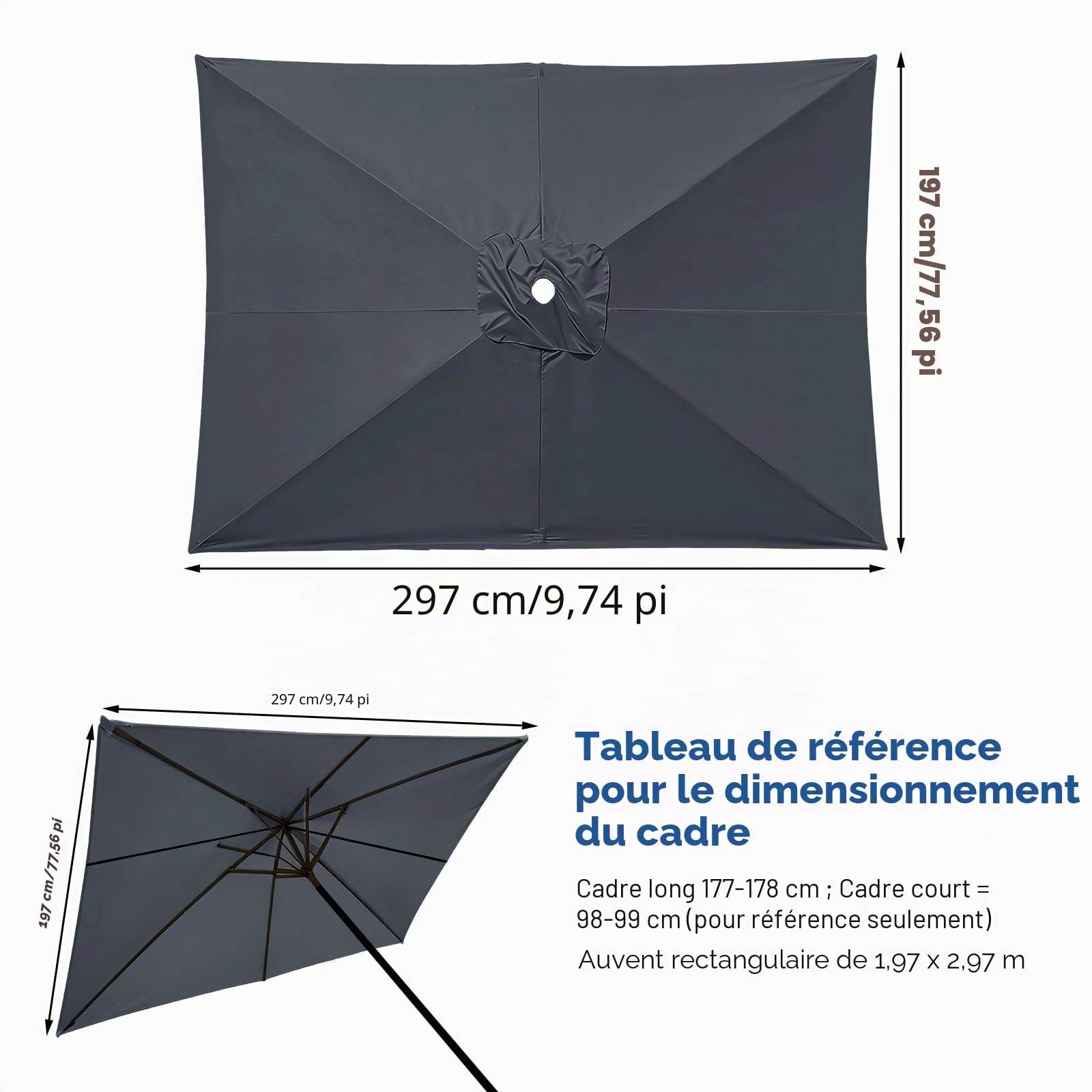 Toile de Remplacement Parasol Rectangulaire à 6 Nervures, 197*297cm, Toile de Remplacement Parasol Pare-soleil, sans Support, Toile Parasol Anti-Ultraviolet Tissu de Remplacement Parasol