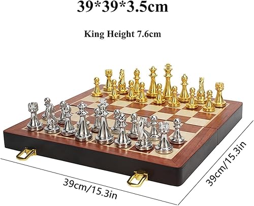 Miniatura 2 de MaGILL Juego de ajedrez internacional de ajedrez de madera, tablero de ajedrez plegable grande con piezas de ajedrez de metal dorado y plateado con