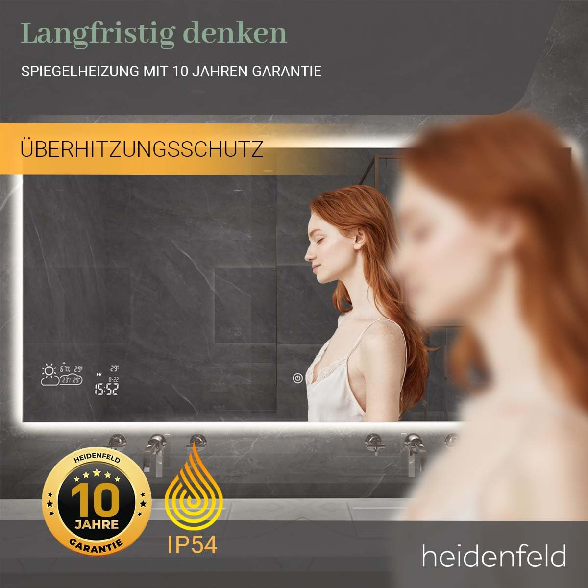 Heidenfeld Spiegel Infrarotheizung | HF-HS200 mit Touchpanel - 𝟭𝟬 𝐉𝐀𝐇𝐑𝐄 𝐆𝐀𝐑𝐀𝐍𝐓𝐈𝐄 - 200 Watt - 60 x 60 cm - WiFi Badspiegel - Badezimmerspiegel - Infrarot Heizung Spiegel - Wandheizung