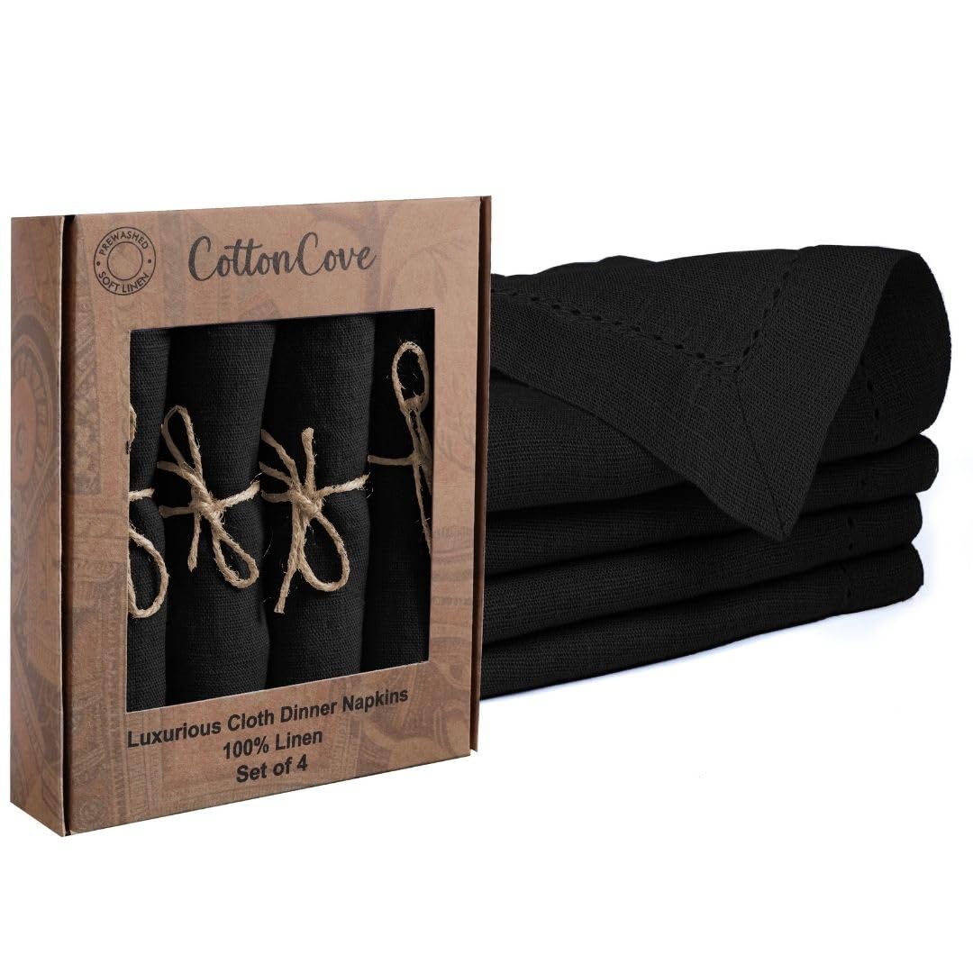 CottonCove 100% Linen Hemstitch Dinner Napkins - Soft Durable Washable - Ideal for Farmhouse Parties Wedding Holidays Christmas - Perfect Everyday Use Set of 4 Table Cloth Napkins 46x46 cm Black