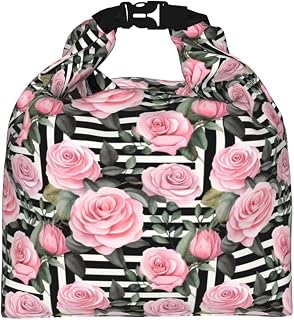 Pink Rose Black White Stripe Insulated Lunch Bag | Adjustable Roll-Top Insulated Lunch Bag Portable Reusable Lunchbox Large Capacity Lunch Tote For Office Picnic Travel Camping