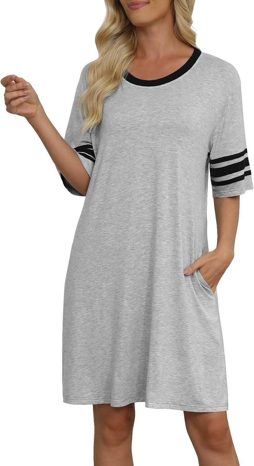 Womens Nightgowns Short Sleeve Sleepwear Color Block Sleepshirts Lightweight Nightshirt with Pockets