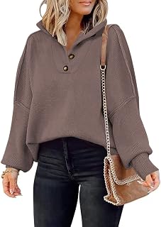 Women's Long Sleeve Button Up Drop Shoulder Sweaters 2023 Fall Oversized Slit Side Knit Pullover Sweater