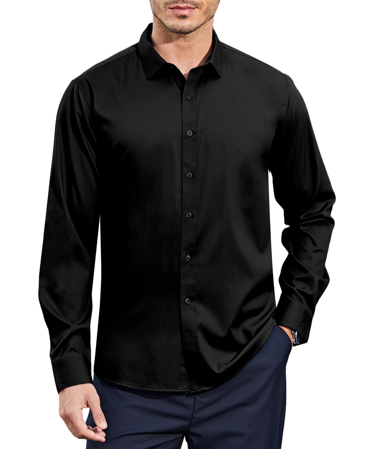 Casey Kevin Mens Stretch Wrinkle Free Dress Shirts Long Sleeve Solid Formal Wedding Prom Button Down Shirt